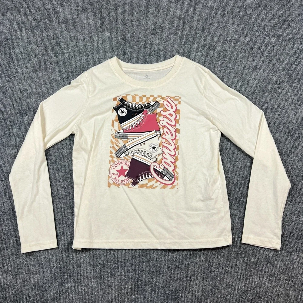 Converse T Shirt Kids Large 12-13 Beige Cotton Stacked Sneaker Graphic Print Y2k